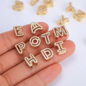 Gold plated copper initial beads with cubic zirconia for DIY personalized jewelry making