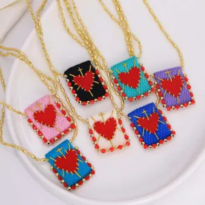 Vintage 18K Gold Plated Copper Sacred Heart Pendant Necklace Handcrafted Woven Fabric Embroidered Cross Rectangular Jewelry For Women