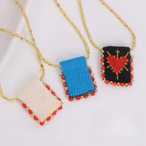 Vintage 18K gold woven square pendant necklace set with embroidery and bead trim