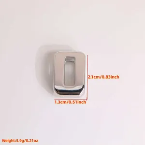 Polished silver rectangle slider buckle detail with dimensions and weight parameters