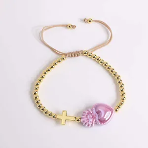 18K gold-plated beaded bracelet with religious cross charm and purple heart pendant