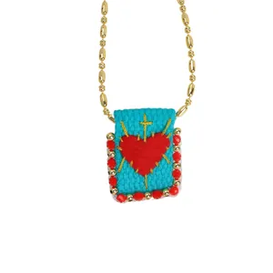 Retro 18K gold plated woven fabric pendant necklace with red heart and blue beads