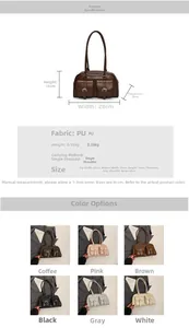 Detailed size chart and multi-color selection for this large capacity PU leather handbag