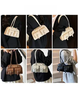 Multiple views of large shoulder bags with front buckle pockets in ivory, brown, and silver