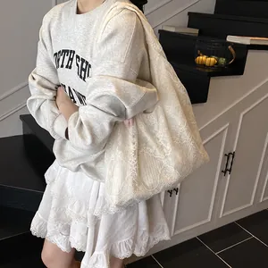 Elegant white floral lace tote bag with large capacity for commuting and vacation