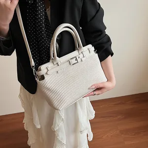Minimalist white pleated handbag for women with silver buckle and detachable shoulder strap