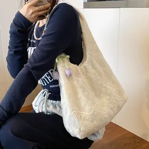 Elegant white floral lace tote bag for women with a purple tulip charm detail