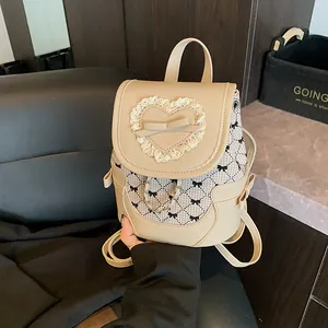 Women Mini PU Leather Backpack With Bow Heart Lace Decor Sweet Checkered Patchwork Fashion Casual Small School Bag For Girls