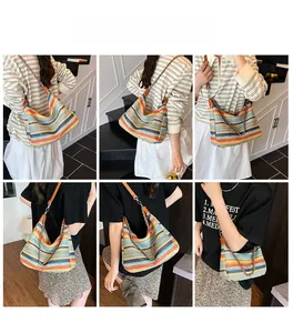 Detailed views of a bohemian striped woven tote bag with leather and chain straps