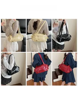 Detailed views of vintage faux leather shoulder bag in beige, black, and red colors