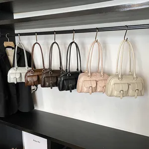 Large capacity vintage PU leather shoulder bags in six colors with front pockets