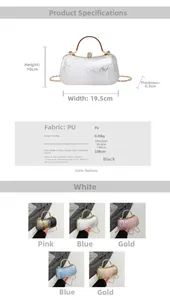 Detailed view of women's sequin evening bag showing dimensions and five color options