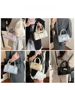 Collage of fashion crossbody pillow bags in pastel colors shown on a model