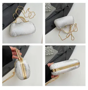 Detailed close-up of snake skin texture and gold diamond handle on silver box bag