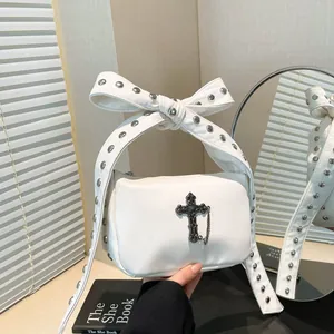 Gothic Punk Bowknot Shoulder Bag For Women Rivet Cross Pendant PU Leather Handbag Y2K Sweet Cool Small Square Crossbody Bag