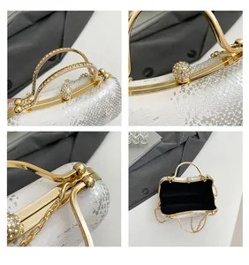 Detail view of silver snake skin evening bag with rhinestone clasp and gold handles