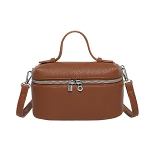 Sac boîte en cuir marron avec poignée supérieure et bandoulière réglable pour femmes