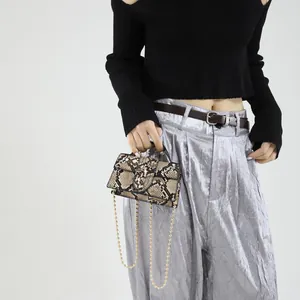 Fashionable snake print handbag with gold chain strap shown on a stylish model