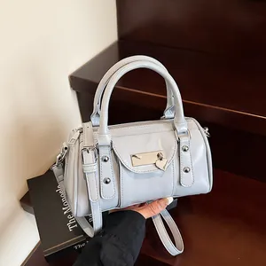 Shiny PU Leather Women Boston Bag Crossbody Handbag Heart Charm Rivet Detail Adjustable Shoulder Strap Trendy Small Bag