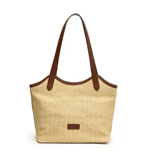 Grand sac cabas d'été en paille avec anses en cuir marron pour femmes, tendance