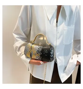 Macro view of snakeskin textured box bag with rhinestone clasp and gold metal chain
