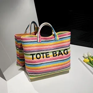 Damen Große Kapazität Handgewebte Stroh Tragetasche Bunte Streifen Bestickt Sommer Strand Urlaub Schultertasche