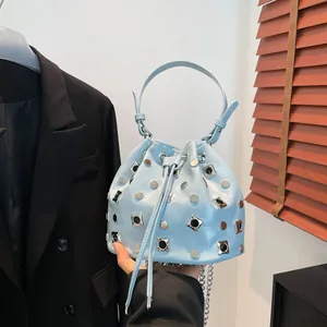 Fashion Rivet Bucket Bag For Women PU Leather Drawstring Handbag With Metal Chain Strap Punk Style Grommet Shoulder Bag
