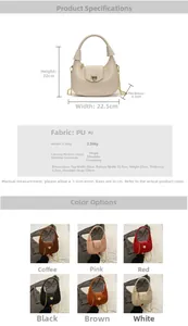 Size chart showing crescent bag dimensions 22x22.5cm and texture details of PU fabric