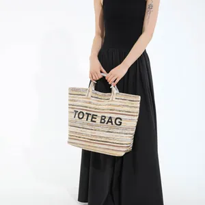 Sac Fourre-tout en Paille Tissé à la Main pour Femmes Grande Capacité Rayures Colorées Brodé Été Plage Vacances Épaule
