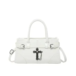White vintage large tote bag with gothic metal cross decoration and long shoulder strap
