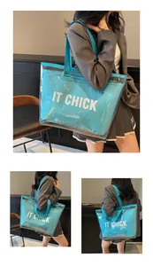 Detail of transparent PVC tote bag with blue IT CHICK canvas inner pouch for daily travel