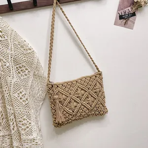 Bohemian Handmade Woven Cotton Rope Crossbody Bag For Women Macrame Diamond Pattern Tassel Shoulder Bag With Zipper Closure Summer Beach Vacation Purse