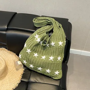 Women Knitted Tote Bag Star Pattern Large Capacity Shoulder Bag Casual Bohemian Handwoven Shopping Bag Street Trend Knit Bag