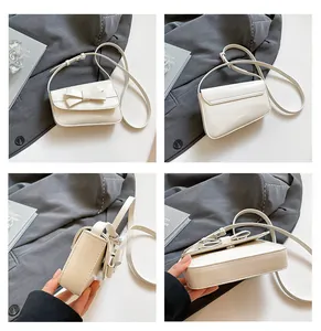 Detailed views of cream crossbody bag featuring a leather bow and adjustable strap