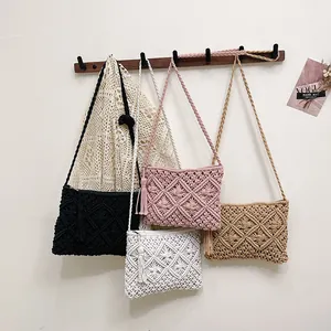Handmade woven cotton tassel bags in diamond pattern, available in four elegant colors