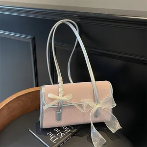 Fashion PU Leather Underarm Bag Women Wood Grain Texture Large Organza Bow Ribbon Handbag Sweet Commuter Shoulder Bag