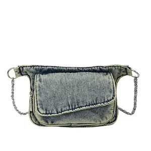 Vintage Y2K distressed denim crossbody bag with woven chain strap and pleated design