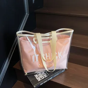 Women Large Capacity Transparent PVC Tote Bag With Letter Print Canvas Inner Pouch Summer Fashion Jelly Shoulder Handbag