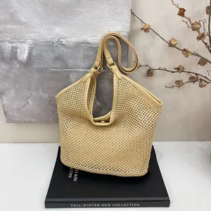 Women Large Capacity Straw Woven Tote Bag Summer Hollow Out Mesh Shoulder Bag With PU Leather Trim Vacation Beach Casual Handbag