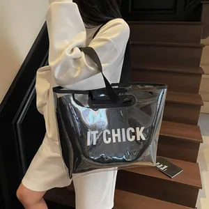 Large transparent PVC tote bag with IT CHICK inner pouch for summer fashion and travel