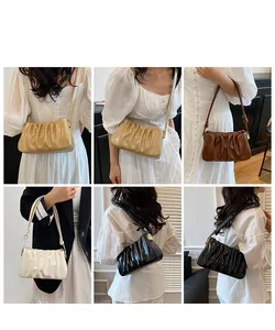 Detailed grid showing pleated cloud bag in khaki, brown, white and black colors
