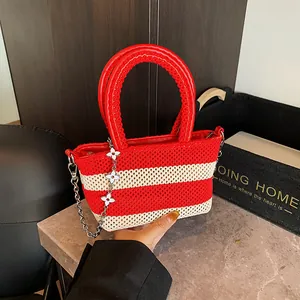 Women Striped Woven Mini Tote Bag Knitted Shoulder Crossbody Bag With Metal Chain Flower Charm Casual Summer Beach Handbag