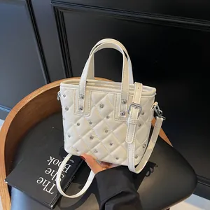 Women Fashion Quilted PU Leather Bucket Bag Rhinestone Studded Shoulder Crossbody Bag Handbag For Daily Commuting Office