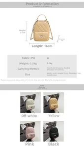 Détails du mini sac à dos en similicuir matelassé montrant les dimensions et modes de port