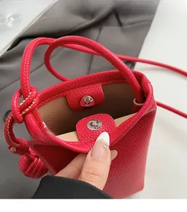 Close-up of red lychee pattern crossbody bag featuring a magnetic metal buckle closure