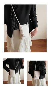Detailed view of cream textured leather mini crossbody bag with unique knot shoulder strap