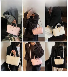 Detailed views of pink and beige crossbody bags showing hand and shoulder carry styles