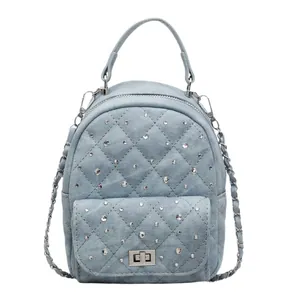 Quilted light blue denim mini backpack with sparkling rhinestones and silver chain strap