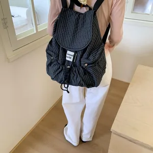 Large capacity dark plaid drawstring backpack with Aonesh world label for women
