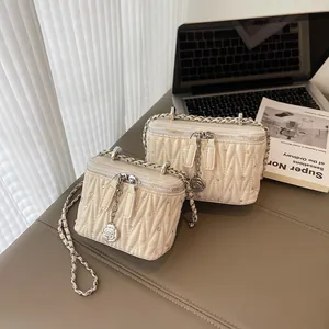 Women's Quilted Pleated Vanity Case Bag Rhinestone Chain Crossbody Shoulder Bag With Rose Flower Pendant PU Leather Box Bag